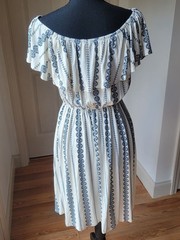 Hem & Thread Off the Shoulder Patterned Midi Dress Cream Blue Boho Size S