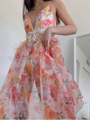 For Love and Lemons Peony Floral Midi Dress Sheer Organza Skirt Sz Medium