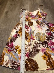 Hawaiian Short Sleeveless Palm Leaf Midi Dress Brown Pink Rayon Ruched Bust S