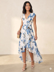 Lulus Blue Floral High-Low Maxi Dress XS NWT Wedding Guest Flutter Sleeve Ruffle