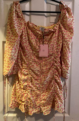 Hello Molly Yellow Floral Square Neck Ruched Mini Dress Puff Long Sleeve L