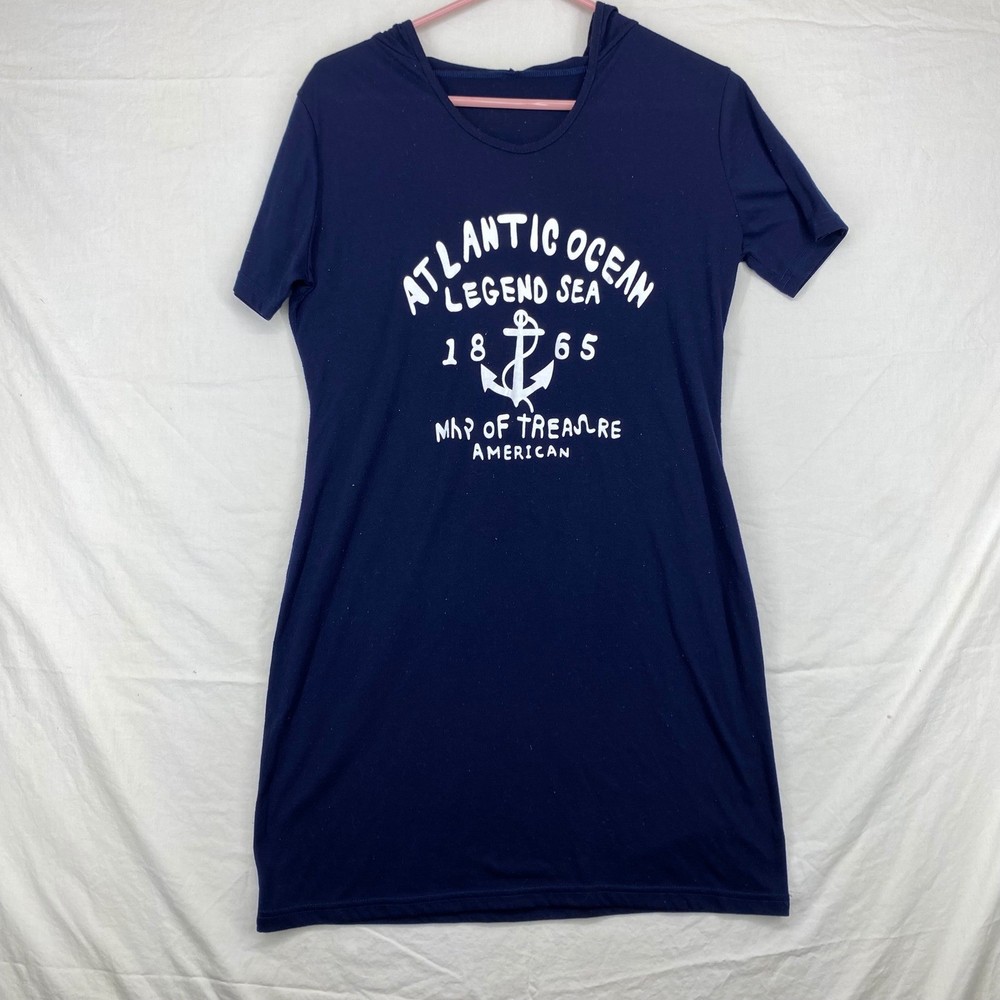 Atlantic Ocean Nautical Anchor Hooded T-Shirt Dress Navy Blue XXL Graphic Mini