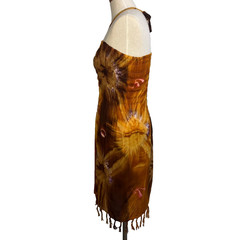 Women’s Brown Tie Dye Halter Sundress Fringe Hem Smocked Boho Midi Cover Up