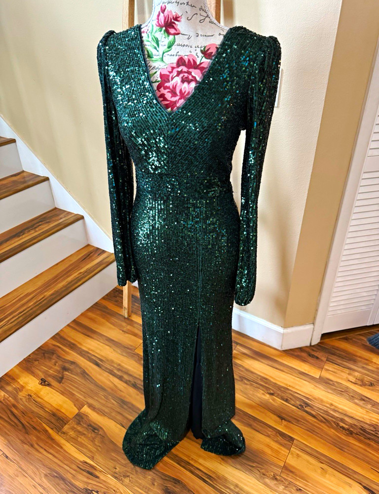 XSCAPE Green Sequin Solid Maxi Dress V-Neck Long Sleeve Lined Zip Womens 4