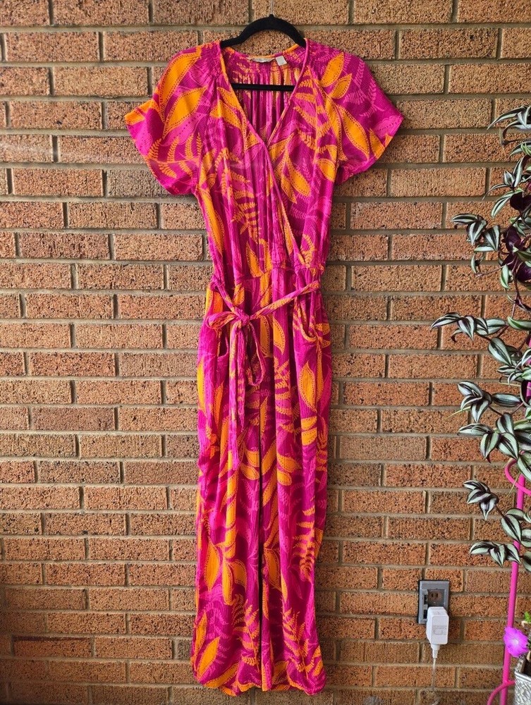 AnyBody Wide-Leg Faux-Wrap Vacation Jumpsuit in Fuchsia Tropical Print🌴
