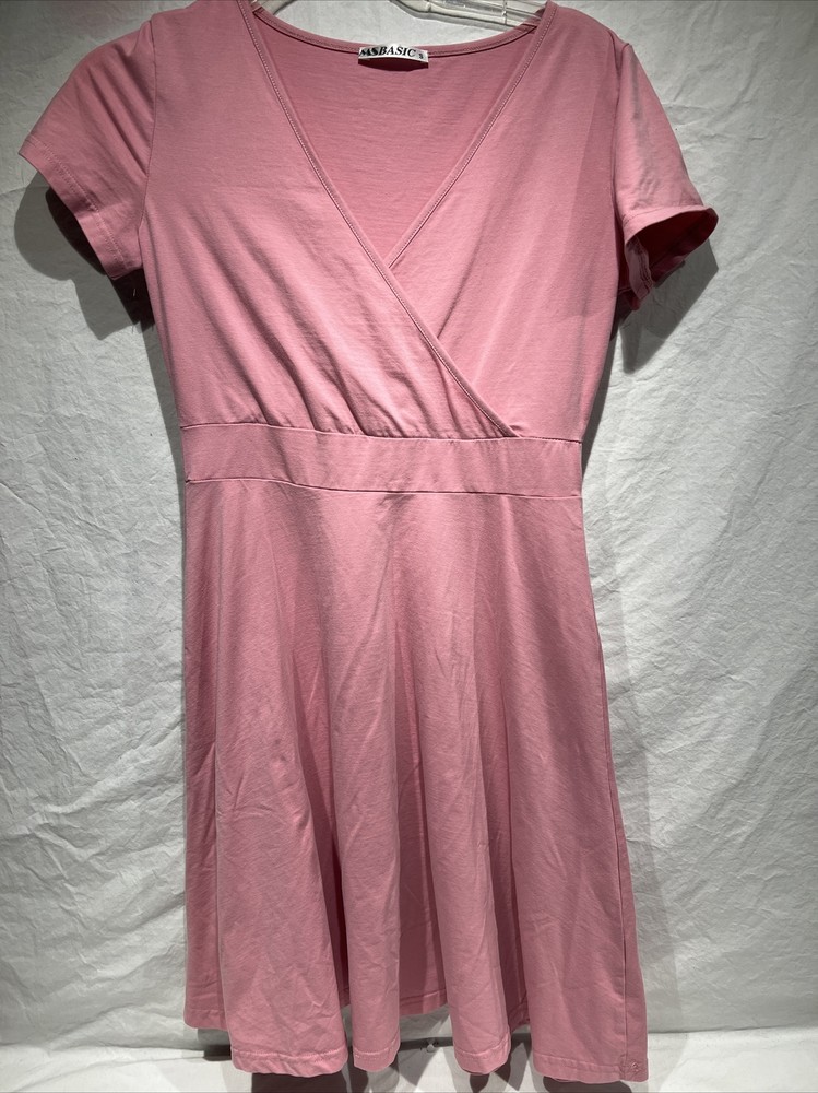 MSBASIC Womens Short Sleeve Wrap V Neck Summer Casual Midi Dress Solid Pink