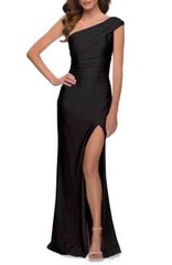 La Femme Black Ruched One-Shoulder Shiny Jersey Gown Size 2 Orig $328 Prom
