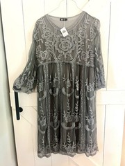 NWT L/XL Mindful Souls Gray Embroidered Mesh Boho Dress Empire Waist Romantic