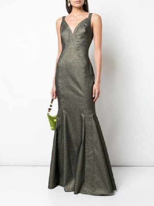 ZAC POSEN Black Gold Metallic Knit Plunge V-Neck Trumpet Mermaid Maxi Gown 14 US