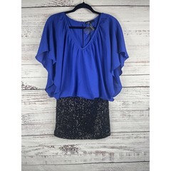 C Luce Dress Women&rsquo;s Size S Blue Black Sequin Mini Batwing Sleeve Party Cocktail
