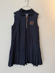 Miu Miu Sleeveless Pleated Denim Collared Dress Zipper Front Dark Blue Size M