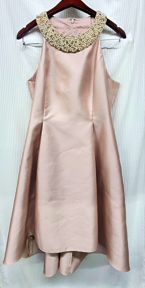 Adrianna Papell Pink Satin Beaded Round Neck Fit & Flare Dress 14
