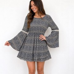 Bo Bel Navy Geometric Bell Sleeve Mini Dress Crochet Trim Boho Women Small