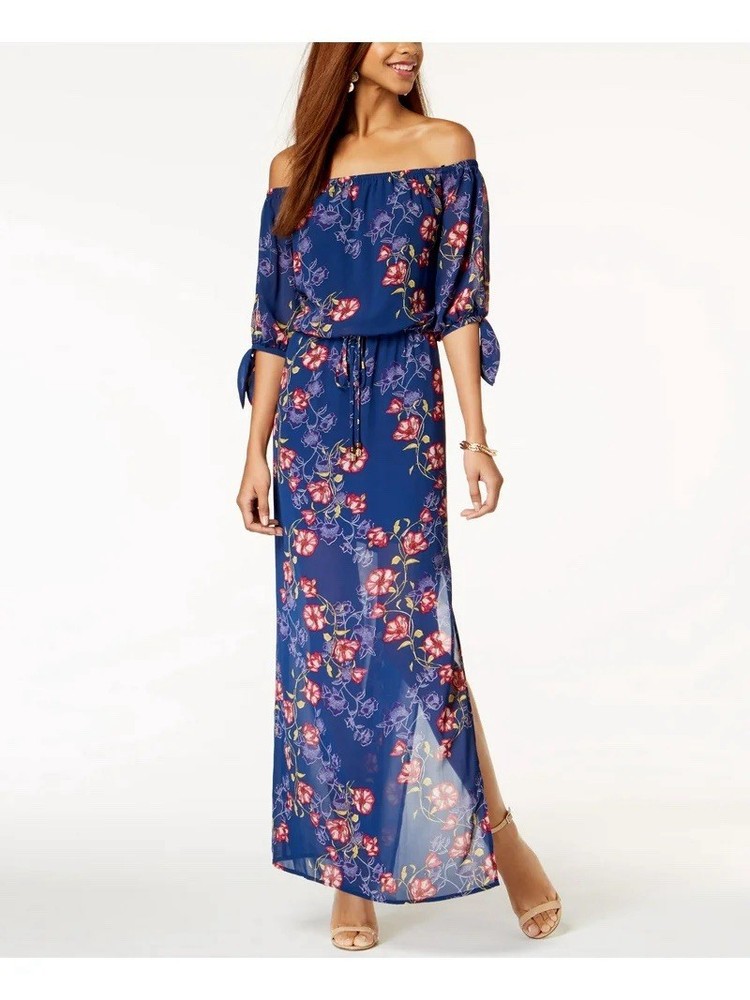City Studios XXL Blue Pink Floral Boho Off The Shoulder Tie Cuff Maxi Dress