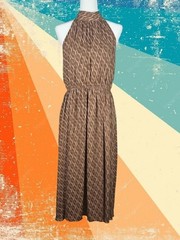 NEW Retro Print High Neck Sleeveless Maxi Dress Brown 70s Style Elegant, 12