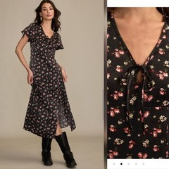 NWT Lucky Brand Black Floral Flutter Sleeve Midi Dress Boho Front Slit Size M