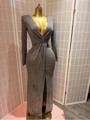 Classy Sparkling Deep V Wrap Evening Dress in Gray