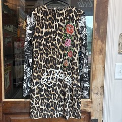 Ed Hardy Virgin Mary Leopard Mesh Mini Dress Tattoo Print Sz Large Bodycon