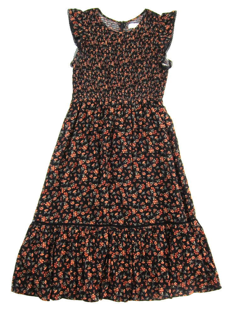 Lost + Wander Black Orange Green Floral Cap Sleeve Rayon Prairie Dress Medium