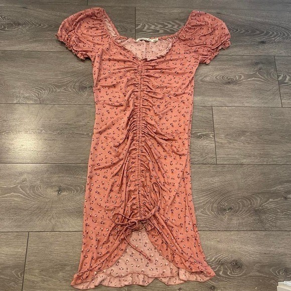 Between Us Ditsy Floral Ruched Front Mini Dress Pink Puff Sleeve Boho Small