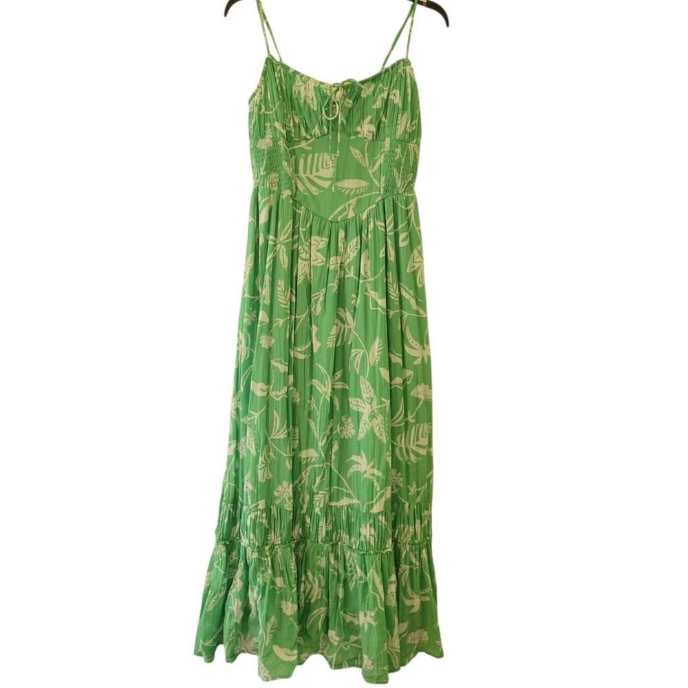 American Eagle 100% Cotton Green Floral Strappy Ruffled Summer Maxi Dress Size M