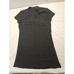 Ann Taylor Womens 12 Black White Polka Dot Tie Neck Shift Dress Short Sleeve