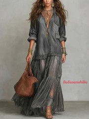 Womens Retro Style Collared A-line Maxi Long Dress Casual A-line Mesh Dresses Sz