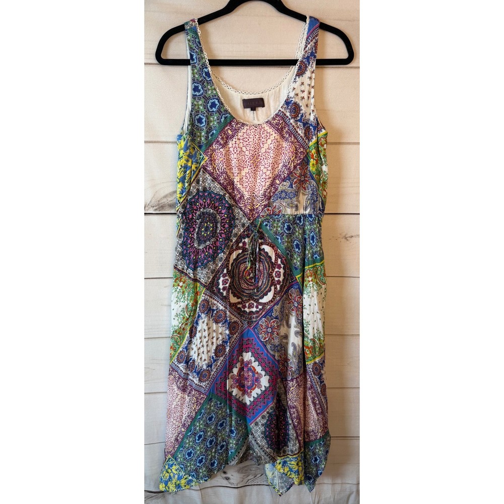 Hale Bob Womens Patchwork Paisley Print Boho Midi Dress Eyelet Trim Small Multi