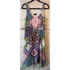 Hale Bob Womens Patchwork Paisley Print Boho Midi Dress Eyelet Trim Small Multi