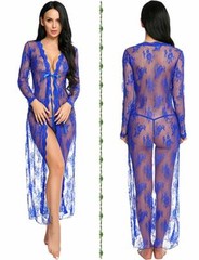 Sexy Lingerie Womens Lace Sheer Long Robe Gown See-through Nightdress Sleepwear