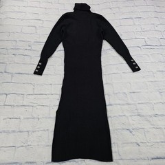 DKNY Maxi Dress Womens M Black Ribbed Knit Turtleneck Button Cuff