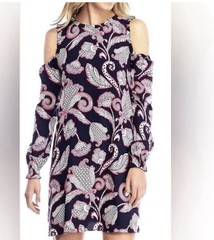NWT CROWN & IVY Ruffle Neck Dress Cold Shoulder Paisley Blue Pink White Sz L