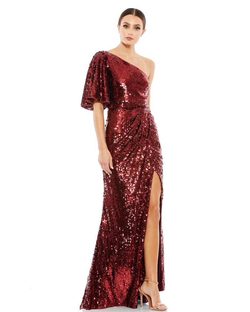 Mac Duggal 93540 One-Shoulder Sequin Column Gown Sz 2 Burgundy
