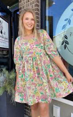 Uncle Frank Multicolor Floral V-Neck 3/4 Sleeve Babydoll Mini Dress, XL
