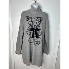 Teddy Fresh Women&rsquo;s Turtleneck Sweater Dress Black Bear Velvet Bow Grey Size S/M