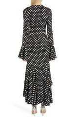 CAROLINE CONSTAS Black White Polka Dot Silk Bell Sleeve Ruffle Dress XS = 0/2 US