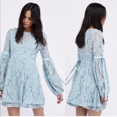 Free People Long Sleeve Rubi Lace Mini Dress In Sea Fog Sz L