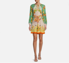 Antonio Melani Raffaella Fruit Print Resort Long Sleeve A-Line Mini Dress Nwt L