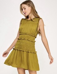 B Darlin Juniors Gathered Satin Sleeveless A-Line Dress -Med Yellow- 3/4 NWT