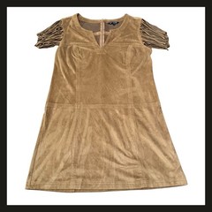Express Faux Suede Fringe Sleeve Shift Dress Tan Brown Women’s Medium Boho EUC