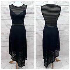 BCBG Maxazria Asymmetrical Hem Striped Mesh Overlay Leona Sleeveless Dress