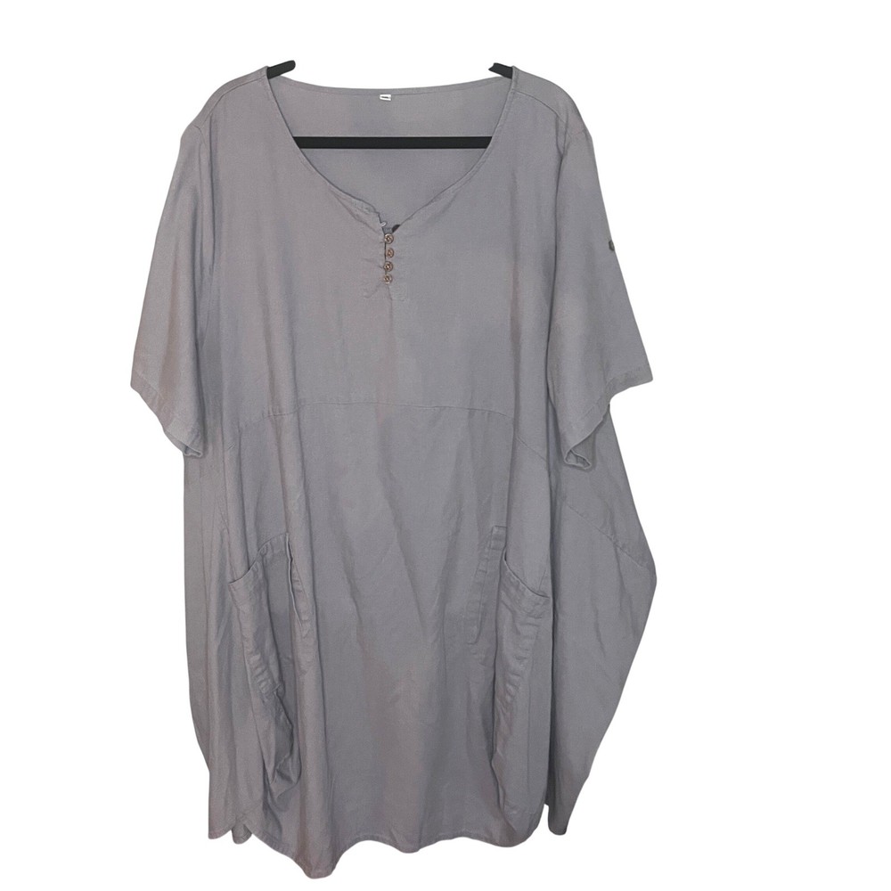 Linen Cotton Blend Lagenlook Short Sleeve Tunic Lantern Dress XXL Grey Artsy