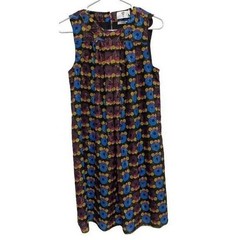 Anna Sui Shift Dress Womens Small Multicolor Mod Floral Metallic Sleeveless Mini