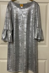 RUBY RD. Silver Metallic Look Sparkly Dress Large, Ruffles on Sleeve,Lightweight