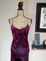 Vintage 90s Magenta Floral Velvet Devore Maxi Slip Dress V-Back UK 12/14 *US 10