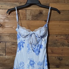 Princess Polly White Blue Floral Maxi Dress Lace Bust Tie Front Side Zip Coquett