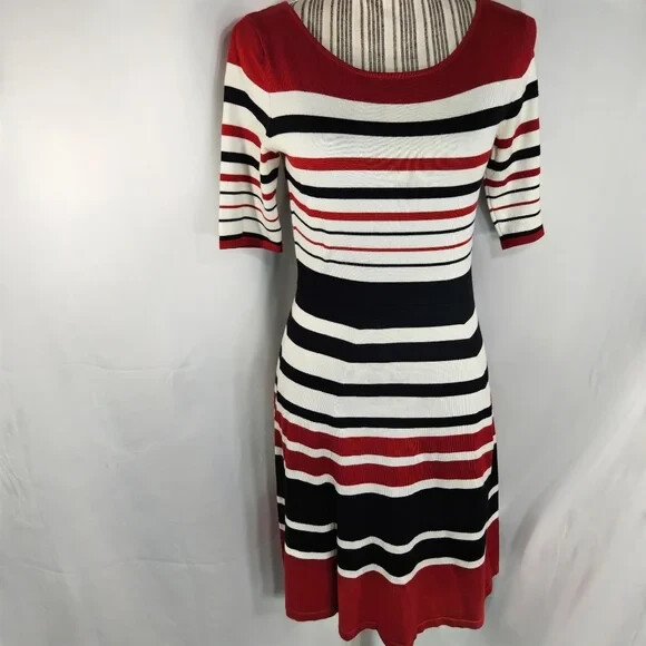 Allison Brittney White Red Black Striped Pull On Dress Size Small