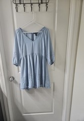 FOREVER 21 Denim Mini Dress Blue Solid V-Neck 3/4 Puff Sleeve Smocked Zip M