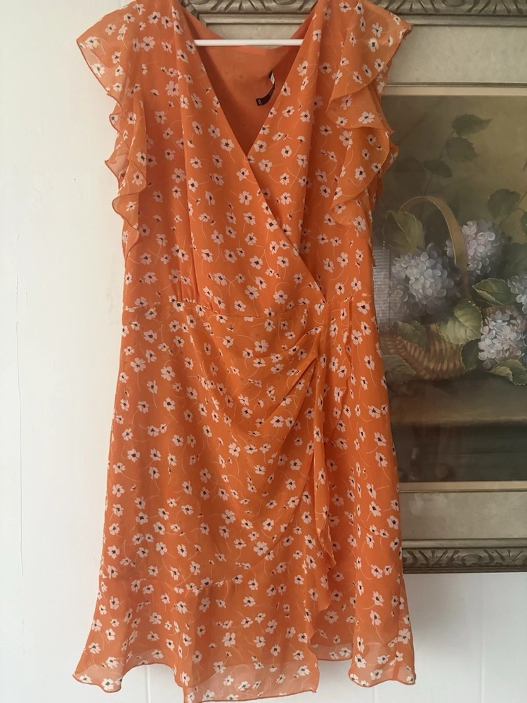 MNG Basics Orange Floral Chiffon Faux Wrap Dress Size XL