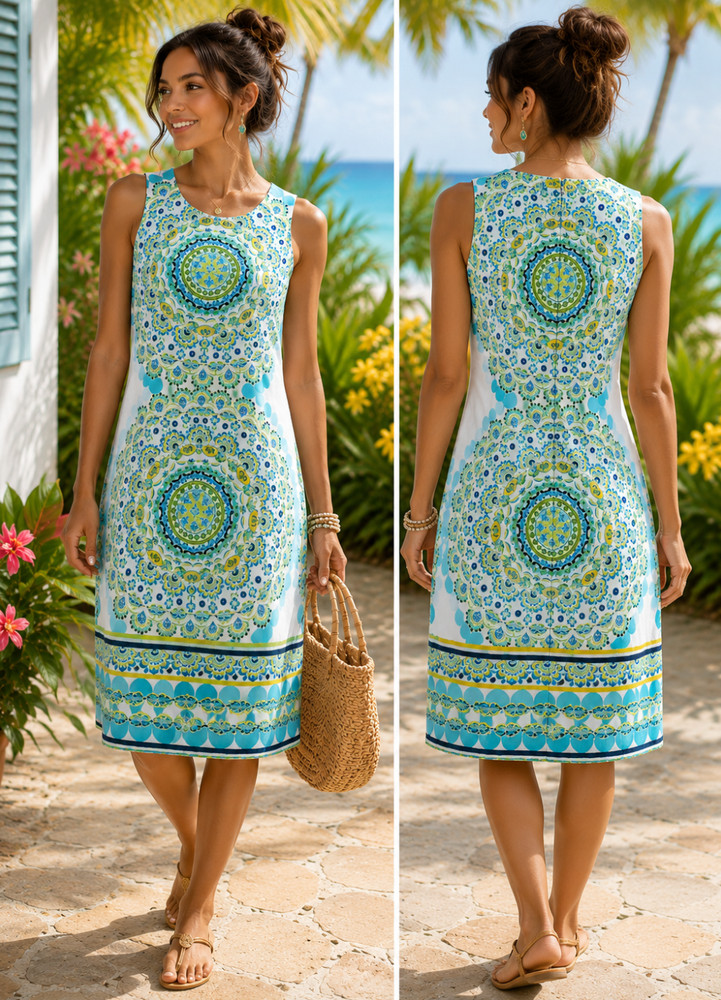 London Times Dress 6 Sleeveless Sheath Shift Blue Green Aqua Medallion Mandala
